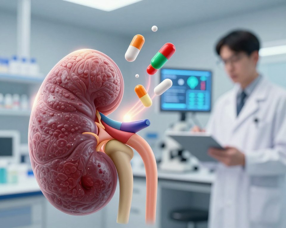 A dynamic, educational illustration showing the process of kidney filtration during antibiotic therapy, specifically focusing on amoxicillin. In the foreground, a detailed, realistic depiction of a human kidney with visual emphasis on the nephron structures, showcasing glomeruli filtering blood. In the middle ground, a representation of antibiotic molecules as vibrant, colored icons flowing through the bloodstream towards the kidney. In the background, a soft-focus laboratory setting with a healthcare professional in business attire, observing data on a digital screen about kidney function and the effects of antibiotics. The lighting is bright and clinical, with a slight glow highlighting the kidney, conveying an atmosphere of innovation and health. The angle should be slightly elevated, providing a comprehensive view of the kidney and the environment. A dynamic, educational illustration showing the process of kidney filtration during antibiotic therapy, specifically focusing on amoxicillin. In the foreground, a detailed, realistic depiction of a human kidney with visual emphasis on the nephron structures, showcasing glomeruli filtering blood. In the middle ground, a representation of antibiotic molecules as vibrant, colored icons flowing through the bloodstream towards the kidney. In the background, a soft-focus laboratory setting with a healthcare professional in business attire, observing data on a digital screen about kidney function and the effects of antibiotics. The lighting is bright and clinical, with a slight glow highlighting the kidney, conveying an atmosphere of innovation and health. The angle should be slightly elevated, providing a comprehensive view of the kidney and the environment.