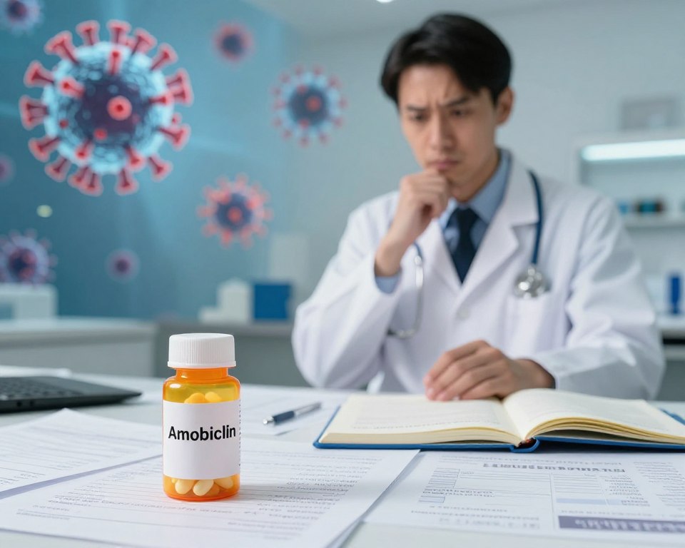 A healthcare professional in a lab coat stands thoughtfully at a desk strewn with medical charts and a prescription pad, examining a pill bottle labeled "Amoxicillin." In the foreground, the bottle is prominently displayed, emphasizing the contrast between antibiotics and a backdrop of images depicting a throat virus, like abstract representations of viral particles. The middle ground features an open notebook with notes about antibiotic misuse. In the background, soft, diffused lighting creates a clinical atmosphere, with shadows adding depth and focus on the healthcare professional's expression of concern. The color palette is composed of calming blues and whites, evoking a sense of professionalism and urgency, while maintaining a clear distinction between bacterial and viral infections. A healthcare professional in a lab coat stands thoughtfully at a desk strewn with medical charts and a prescription pad, examining a pill bottle labeled "Amoxicillin." In the foreground, the bottle is prominently displayed, emphasizing the contrast between antibiotics and a backdrop of images depicting a throat virus, like abstract representations of viral particles. The middle ground features an open notebook with notes about antibiotic misuse. In the background, soft, diffused lighting creates a clinical atmosphere, with shadows adding depth and focus on the healthcare professional's expression of concern. The color palette is composed of calming blues and whites, evoking a sense of professionalism and urgency, while maintaining a clear distinction between bacterial and viral infections.