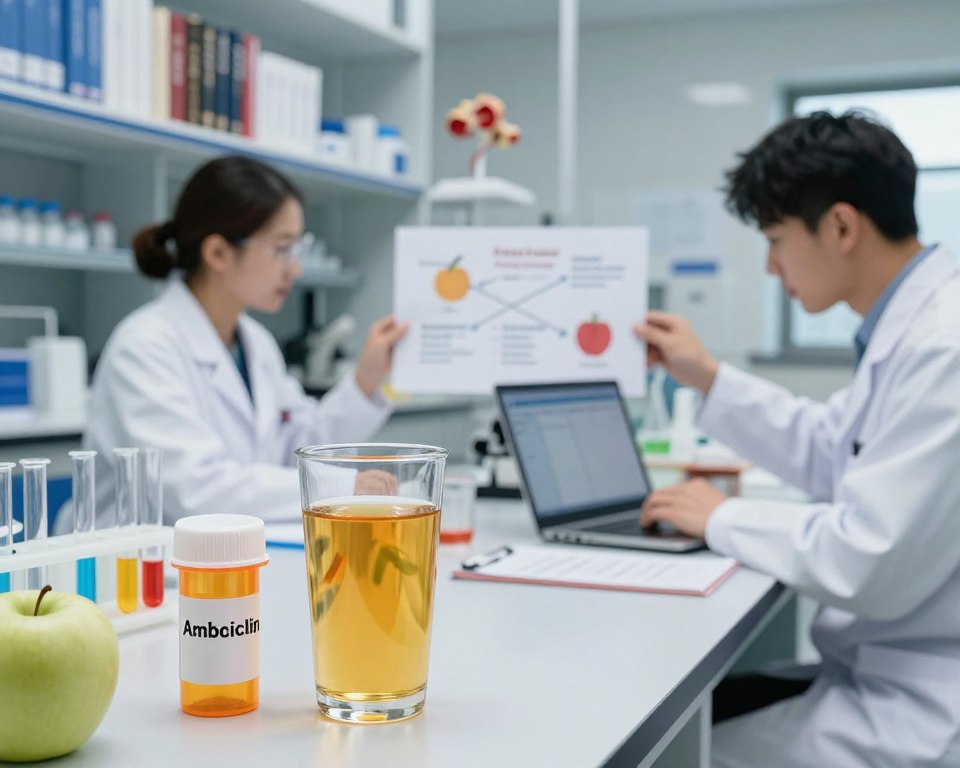 A laboratory scene illustrating scientific evidence on fruit juice and drug absorption. In the foreground, a clear glass of fresh apple juice sits next to a prescription bottle labeled "Amoxicillin." The middle ground features researchers in white lab coats, one examining a chart that illustrates the interaction between fruit acids and drug absorption, while the other analyzes data on a laptop. Beakers and test tubes filled with colorful liquids are scattered across a sleek laboratory bench. The background consists of shelves lined with medical research books and biological models. Soft, diffused lighting highlights the scene, creating a focused yet inviting atmosphere, shot from a slightly elevated angle to capture the entire composition. A laboratory scene illustrating scientific evidence on fruit juice and drug absorption. In the foreground, a clear glass of fresh apple juice sits next to a prescription bottle labeled "Amoxicillin." The middle ground features researchers in white lab coats, one examining a chart that illustrates the interaction between fruit acids and drug absorption, while the other analyzes data on a laptop. Beakers and test tubes filled with colorful liquids are scattered across a sleek laboratory bench. The background consists of shelves lined with medical research books and biological models. Soft, diffused lighting highlights the scene, creating a focused yet inviting atmosphere, shot from a slightly elevated angle to capture the entire composition.