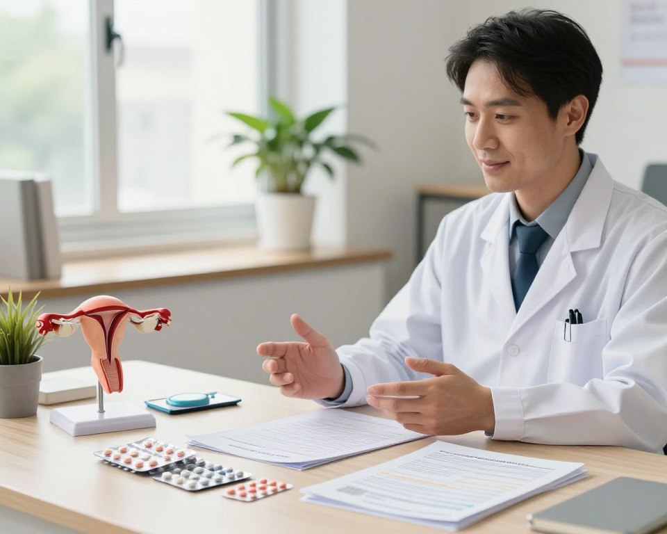 A medical professional, dressed in a white lab coat and smart professional attire, is discussing contraception methods and pregnancy prevention options in a bright, well-lit clinic. In the foreground, there are neatly arranged packs of birth control pills, a contraceptive device, and an informational brochure about antibiotic interactions with birth control. The middle ground features a friendly consultation area with a modern desk, a potted plant, and an anatomical model illustrating the female reproductive system. The background showcases a window with natural daylight streaming in, creating a warm and inviting atmosphere. The lens captures this scene with a slight depth of field, ensuring the focus remains on the contraceptive methods while softly blurring the surroundings, evoking a sense of professionalism and care in reproductive health.