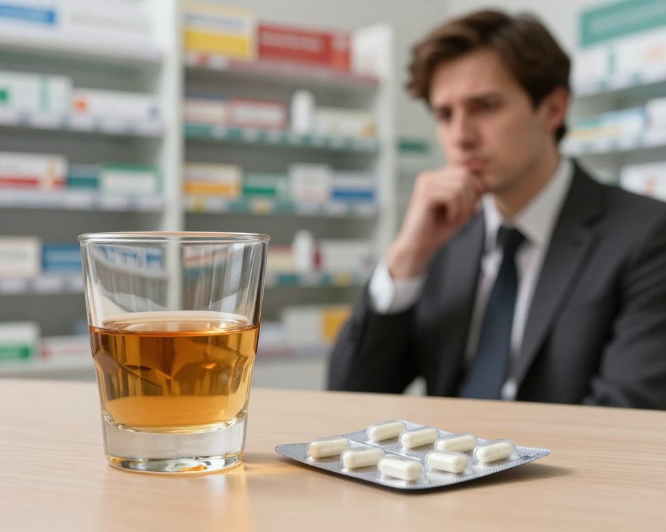 A metaphorical scene illustrating the relationship between amoxicillin and alcohol consumption. In the foreground, a glass of amber-colored alcohol sits on a table beside a blister pack of amoxicillin capsules, emphasizing the potential conflict between the two. In the middle ground, a concerned individual in professional attire looks thoughtfully at the glass, embodying contemplation and caution. The background features a softly blurred pharmacy setting, with shelves of medications, suggesting a health-related context. The lighting is warm and inviting, creating a balanced yet serious atmosphere. The overall mood conveys a sense of inquiry and caution, reflecting the myths and misconceptions about antibiotics and drinking.