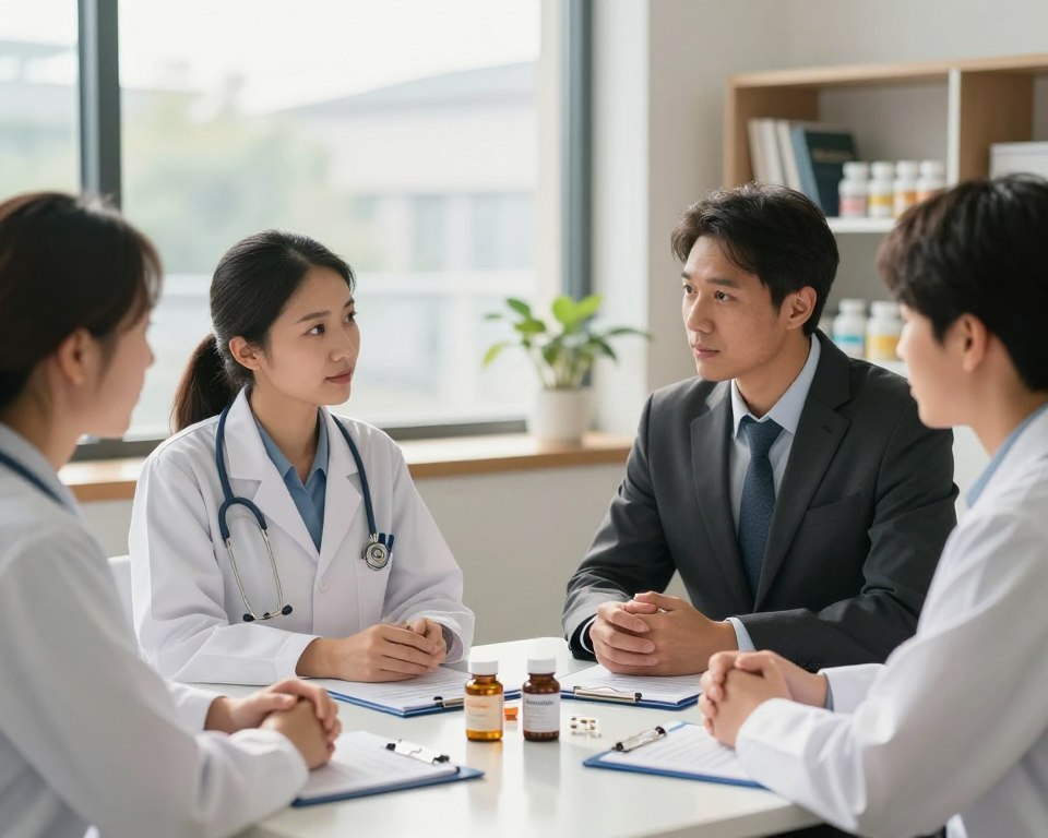 A professional healthcare setting illustrating a clinical consultation on supplement use during antibiotic therapy. In the foreground, a diverse group of healthcare professionals, including a woman wearing a lab coat and a man in a business suit, are engaged in discussion. They are surrounded by medical charts and supplement bottles (specifically Amoxicillin and Vitamin C) on a sleek table. The middle ground features a large, modern window with natural light pouring into the room, creating a bright atmosphere. In the background, shelves filled with medical books and dietary supplements are softly blurred. The scene conveys a mood of collaboration and seriousness, focusing on the interaction between antibiotics and supplements, emphasizing the importance of informed clinical perspectives. The lighting is warm and inviting, with a slight emphasis on the subjects in the foreground. A professional healthcare setting illustrating a clinical consultation on supplement use during antibiotic therapy. In the foreground, a diverse group of healthcare professionals, including a woman wearing a lab coat and a man in a business suit, are engaged in discussion. They are surrounded by medical charts and supplement bottles (specifically Amoxicillin and Vitamin C) on a sleek table. The middle ground features a large, modern window with natural light pouring into the room, creating a bright atmosphere. In the background, shelves filled with medical books and dietary supplements are softly blurred. The scene conveys a mood of collaboration and seriousness, focusing on the interaction between antibiotics and supplements, emphasizing the importance of informed clinical perspectives. The lighting is warm and inviting, with a slight emphasis on the subjects in the foreground.