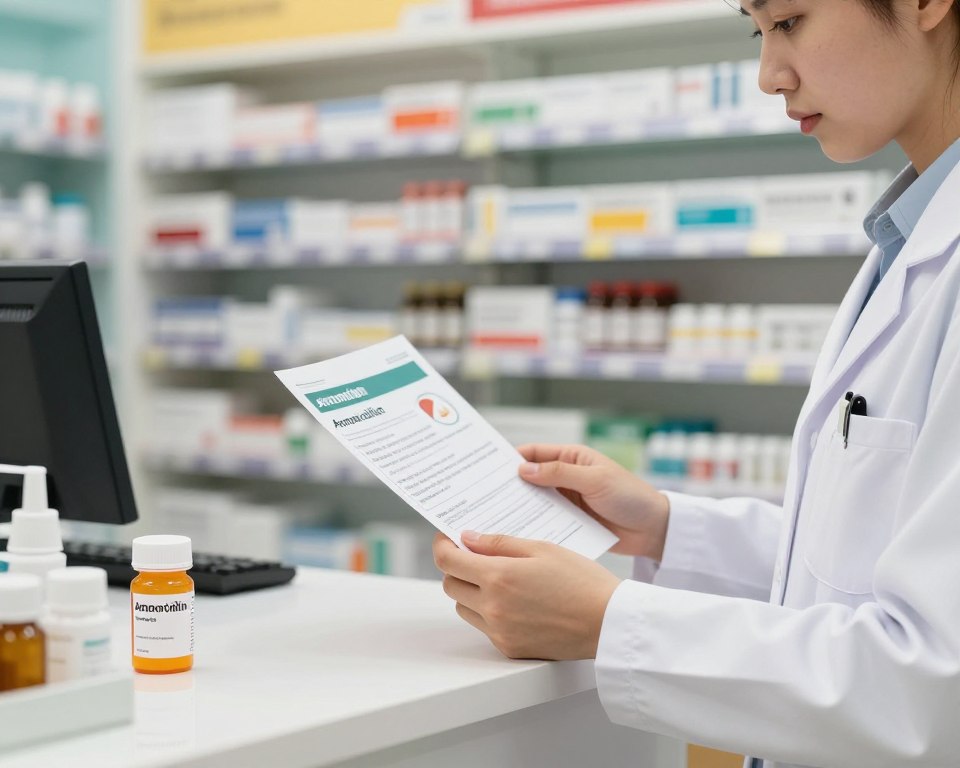A professional pharmacist in a pharmacy setting, wearing a white lab coat, attentively reviewing a safety pamphlet on amoxicillin and alcohol interactions. In the foreground, a neatly organized pharmacy counter displays a prescription bottle of amoxicillin alongside an infographic depicting safety precautions, emphasizing liver health and hydration. The middle ground features shelves filled with various over-the-counter medications and herbal remedies, creating a sense of a well-stocked pharmacy. The background includes subtle hints of a bright and inviting pharmacy, with soft, warm lighting that enhances the atmosphere of safety and professionalism. The angle is a close-up shot, focusing on the pharmacist and the pamphlet, conveying a mood of caution and education.