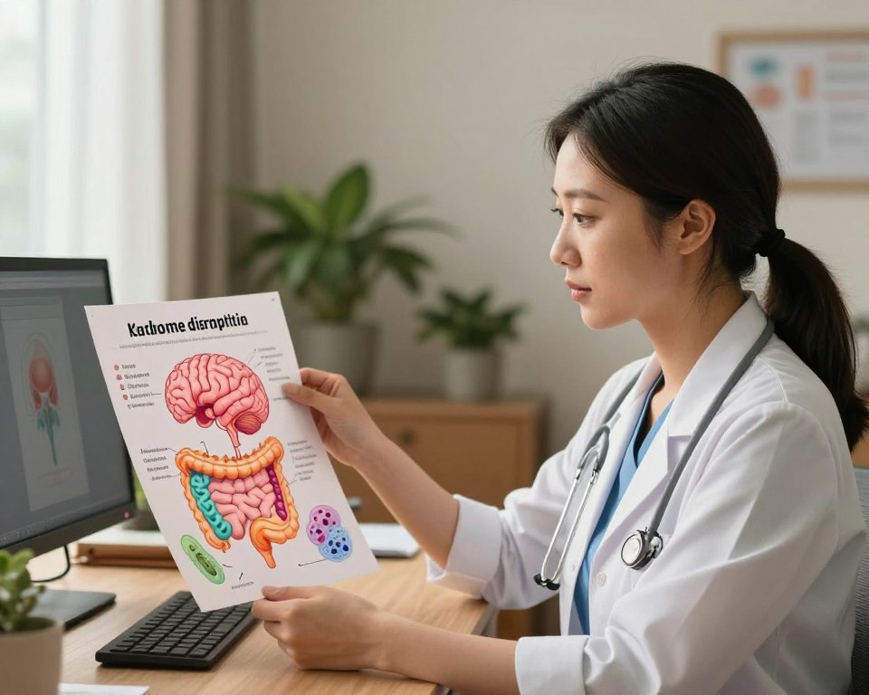 A serene and engaging scene illustrating the connection between microbiome disruption and mood regulation, set in a softly lit, ambient office environment. In the foreground, a confident healthcare professional in a smart casual outfit examines a colorful chart depicting the gut-brain axis and its impact on anxiety. The middle ground features illustrations of healthy gut bacteria in harmony, contrasted with stressed microbiome elements. The background showcases a calm workspace with plants and soothing colors, symbolizing balance and mental wellness. Use warm, diffused lighting to create a calm, inviting atmosphere that evokes curiosity and hope. The angle should capture the professional’s expression of focus and determination, making the viewer feel connected to the importance of the topic.