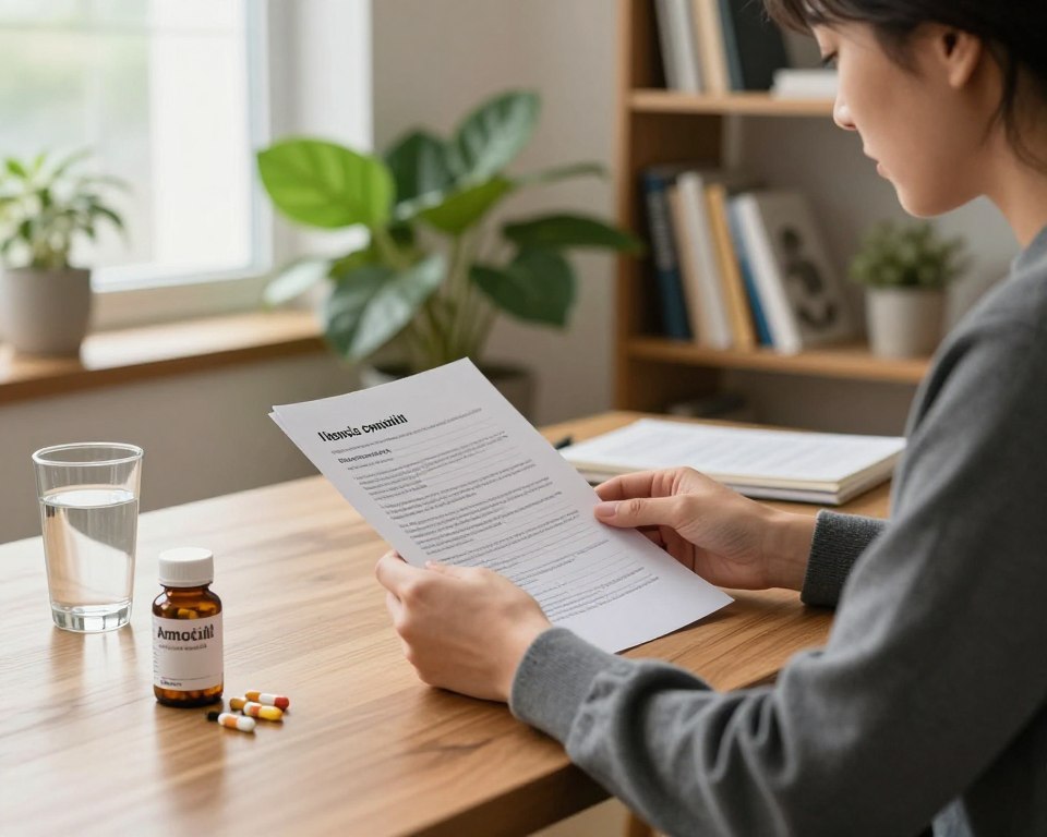 A serene and focused scene depicting a person in a cozy home office environment, seated at a wooden desk. The individual, wearing smart casual clothing, is thoughtfully reviewing a set of health documents regarding chronic conditions and antibiotics. In the foreground, clearly visible are a bottle of amoxicillin capsules and a bottle of vitamin C supplements next to a glass of water. In the middle ground, large plants and a bookshelf filled with medical books add warmth to the setting. In the background, a softly lit window provides natural light that enhances the uplifting mood of the space. The composition captures a sense of calm and determination, emphasizing the importance of managing health while on medication. A serene and focused scene depicting a person in a cozy home office environment, seated at a wooden desk. The individual, wearing smart casual clothing, is thoughtfully reviewing a set of health documents regarding chronic conditions and antibiotics. In the foreground, clearly visible are a bottle of amoxicillin capsules and a bottle of vitamin C supplements next to a glass of water. In the middle ground, large plants and a bookshelf filled with medical books add warmth to the setting. In the background, a softly lit window provides natural light that enhances the uplifting mood of the space. The composition captures a sense of calm and determination, emphasizing the importance of managing health while on medication.