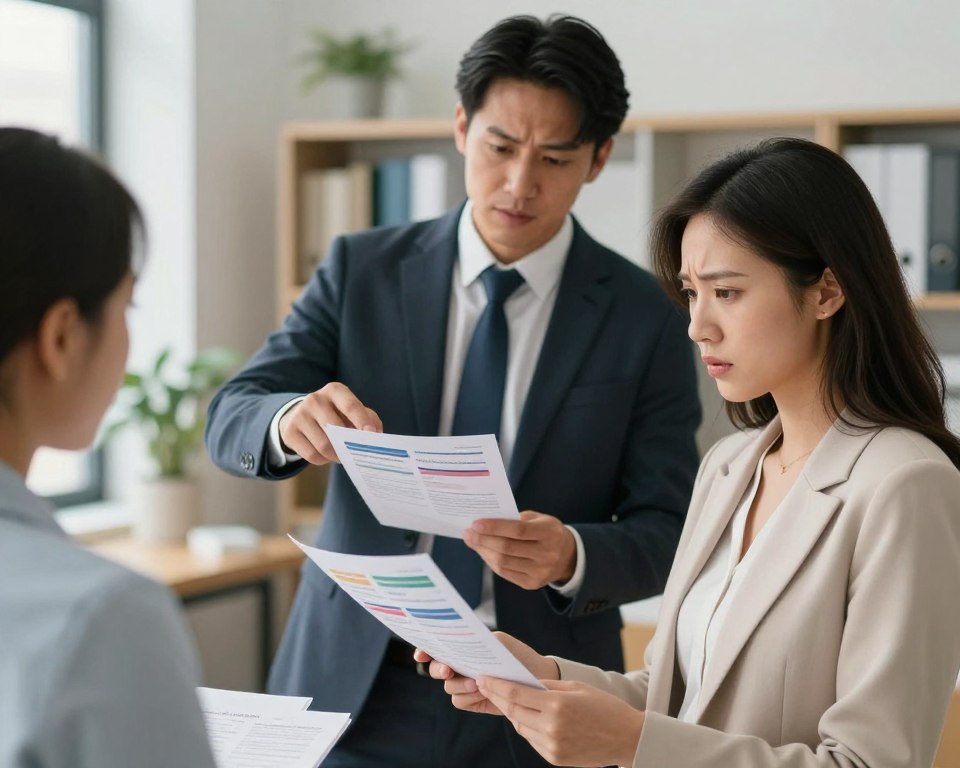 A serene and thoughtful composition centered around a diverse group of professional individuals discussing pregnancy prevention strategies. In the foreground, a diverse woman in a smart business outfit examining informational pamphlets about birth control methods, with a concerned expression on her face. The middle ground features a male colleague in formal attire, pointing at charts illustrating symptoms and signs of potential pregnancy, showing engagement and support. The background includes a modern, well-lit office environment with soft, diffused lighting that evokes an atmosphere of professionalism and awareness. Soft-focus elements like plants and shelves filled with medical literature provide context without overwhelming the scene. The overall mood is educational and supportive, emphasizing the importance of discussing pregnancy prevention in a knowledgeable and compassionate manner.