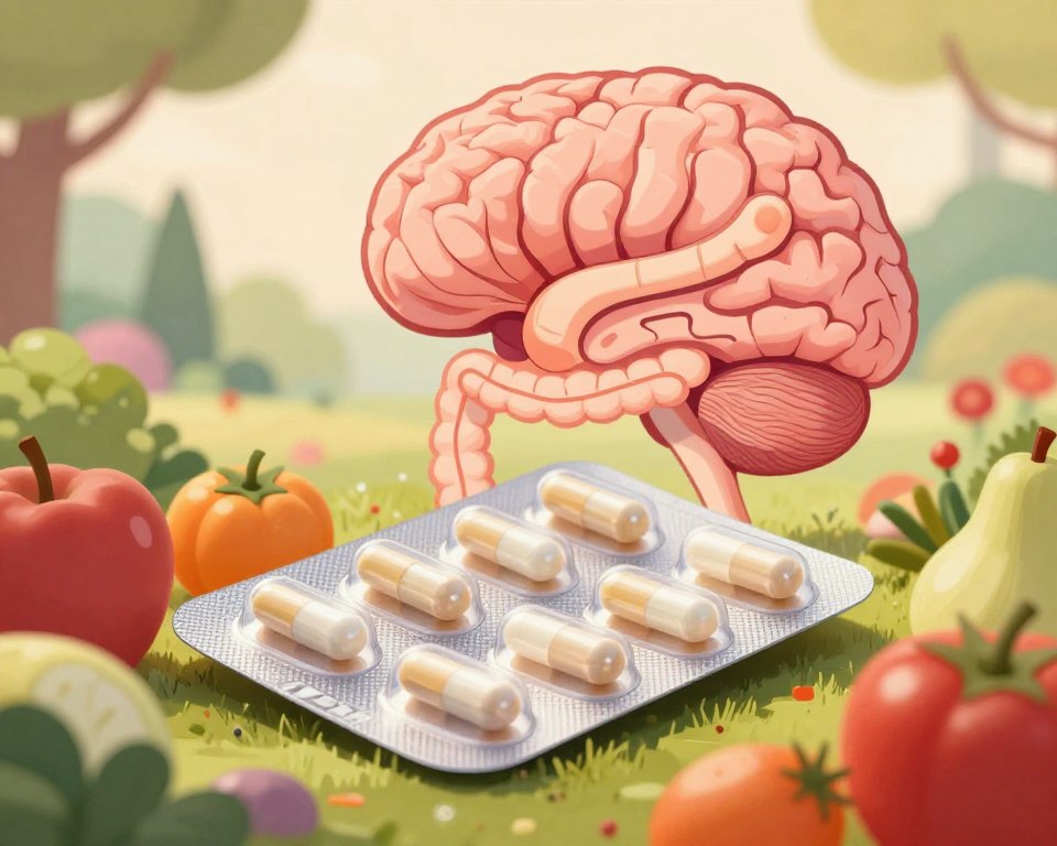 A serene, illustrative concept of the gut-brain axis influenced by amoxicillin, featuring a close-up of a blister pack of amoxicillin capsules in the foreground, surrounded by vibrant fruits and vegetables symbolizing gut health. In the middle ground, show an illustration of a human brain interconnected with the digestive system, highlighting pathways between them, depicted with gentle, flowing lines. The background should portray a calming, soft-focus landscape, perhaps a tranquil garden setting with warm, natural lighting creating a peaceful atmosphere. The overall mood should evoke a sense of balance and healing, emphasizing the relationship between antibiotics and mental wellness without any text or distractions.