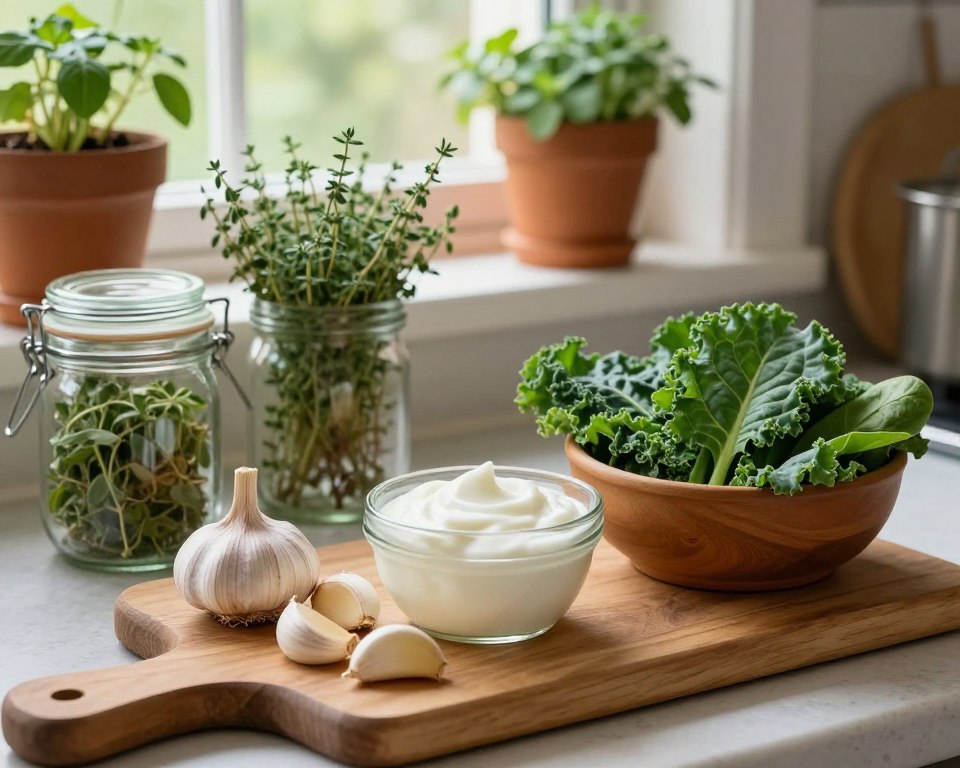 A serene kitchen setting showcasing a variety of natural ingredients used for dietary adjustments to combat yeast infections. In the foreground, a wooden cutting board displays vibrant, fresh garlic cloves, probiotic-rich yogurt, and a bowl of leafy greens, such as kale and spinach. The middle ground features rustic jars filled with herbs like oregano and thyme, emphasizing their antifungal properties. The background features a sunlit window with potted herbs, creating a warm and inviting atmosphere. Soft, natural lighting illuminates the scene, enhancing the colors and textures of the ingredients. Capture this in a slightly angled perspective to create depth, inviting viewers into this healthful kitchen space dedicated to holistic wellness.