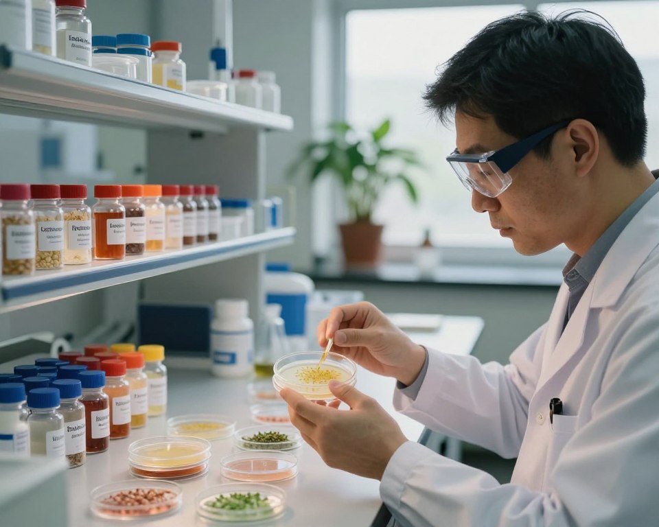 A serene laboratory setting focused on the analysis of probiotic strains. In the foreground, a scientist in a lab coat, wearing safety goggles, meticulously examines culture plates filled with various probiotic strains. The middle ground features shelves lined with labeled vials of probiotics, highlighting different strains known for post-antibiotic recovery, such as Lactobacillus and Bifidobacterium. The background includes a softly lit window with green plants, symbolizing health and recovery, casting gentle shadows throughout the room. The atmosphere is calm and focused, with a warm color palette that conveys a sense of professionalism and hope in the pursuit of gut health restoration. The image is captured with a slight depth of field, drawing attention to the scientist and their work.