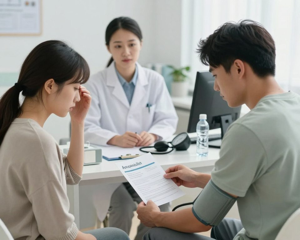 A serene medical office environment serves as the background, with soft, diffused lighting creating an inviting atmosphere. In the foreground, a concerned patient in modest casual clothing sits in a well-lit consultation room, clutching a pamphlet on Amoxicillin side effects. A healthcare professional, dressed in a white coat, stands nearby, attentively observing the patient’s signs of sudden dizziness. On a desk, an array of medical instruments and a sphygmomanometer emphasize the theme of blood pressure checks. Subtle visual elements like a water bottle hint at hydration concerns. The composition is framed with a shallow depth of field to draw focus on the interaction, while conveying a sense of professionalism and care.