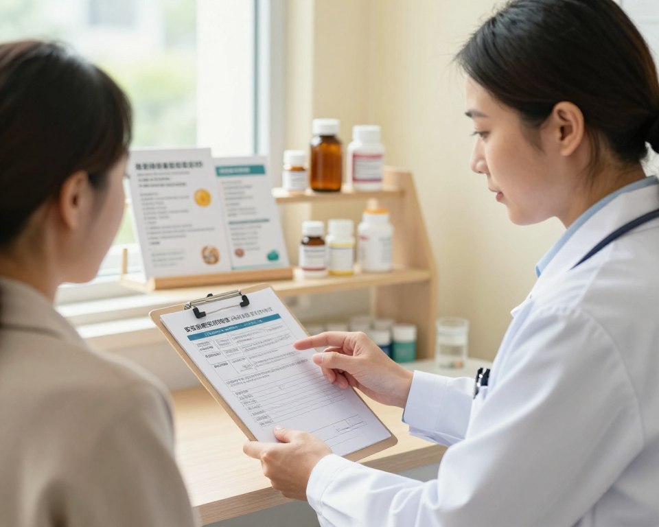 A serene medical office setting focused on patient care for individuals with chronic conditions. In the foreground, a professional physician dressed in a white coat examines a patient, who appears engaged and attentive. The physician gestures toward a detailed chart illustrating various precautions related to medications and dietary considerations. In the middle ground, a shelf holds medication bottles and educational pamphlets about chronic conditions and dietary restrictions, including amoxicillin recommendations. The background features calming pastel colors and a window with natural light filtering through, creating a warm and supportive atmosphere. The image conveys a sense of trust, professionalism, and the importance of informed healthcare. Use soft focus and natural lighting to enhance the uplifting mood. A serene medical office setting focused on patient care for individuals with chronic conditions. In the foreground, a professional physician dressed in a white coat examines a patient, who appears engaged and attentive. The physician gestures toward a detailed chart illustrating various precautions related to medications and dietary considerations. In the middle ground, a shelf holds medication bottles and educational pamphlets about chronic conditions and dietary restrictions, including amoxicillin recommendations. The background features calming pastel colors and a window with natural light filtering through, creating a warm and supportive atmosphere. The image conveys a sense of trust, professionalism, and the importance of informed healthcare. Use soft focus and natural lighting to enhance the uplifting mood.