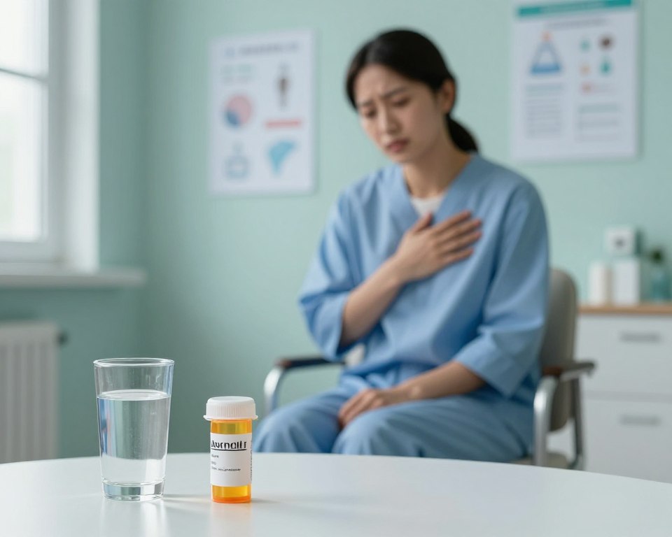 A serene medical setting with a softly lit consultation room, featuring a clean, minimalist design. In the foreground, a glass of water next to a prescription bottle of amoxicillin, symbolic of antibiotic therapy. The middle section shows a calm individual in professional attire, seated on a chair, displaying a thoughtful expression, with one hand resting gently on their chest, conveying a sense of concern or anxiety. The background includes subtle medical charts and a window with soft, natural light filtering in, enhancing the feeling of hope and relief. The atmosphere is tranquil, with soothing colors like soft blues and greens, creating a visual representation of managing anxiety symptoms during antibiotic therapy.