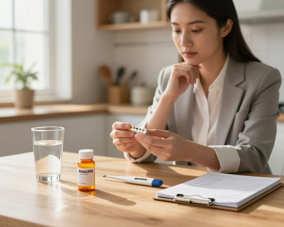 A serene scene in a well-lit, modern kitchen. In the foreground, a wooden table displays a bottle of ibuprofen and a bottle of amoxicillin, both clearly labeled and alongside a glass of water. A digital thermometer and a notepad with fever monitoring notes are nearby, adding to the informative atmosphere. In the middle, a professional-looking person in business attire examines the medications carefully, showcasing a thoughtful expression, emphasizing safety. In the background, warm sunlight filters through a window, illuminating the space, creating a calm and reassuring mood. Soft focus on the background elements like a potted plant and kitchen utensils to maintain attention on the subject.