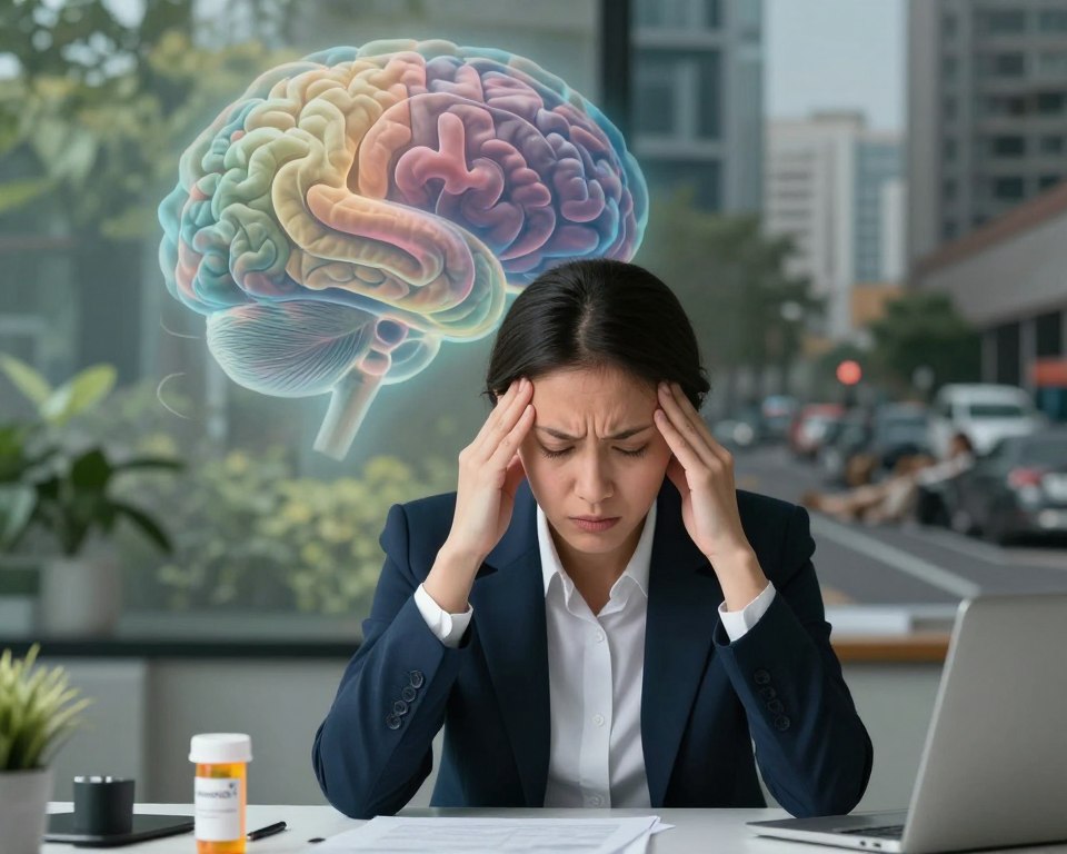 A split-image design depicting the mental health intersection of drug-induced anxiety versus underlying conditions. In the foreground, a professional individual dressed in business attire sits at a desk, hands on temples, looking stressed, with a prescription bottle labeled "Amoxicillin" beside them. In the middle, a transparent overlay illustrates a chaotic brain with swirling colors representing anxiety. The background shows serene and chaotic environments blending together: one half with a tranquil nature scene symbolizing peace and balance, while the other half displays an anxious urban setting, filled with shadows and disarray. Soft lighting highlights the individual’s contemplative expression, captured in a close-up angle to emphasize emotions, creating an overall mood of introspection and complexity.