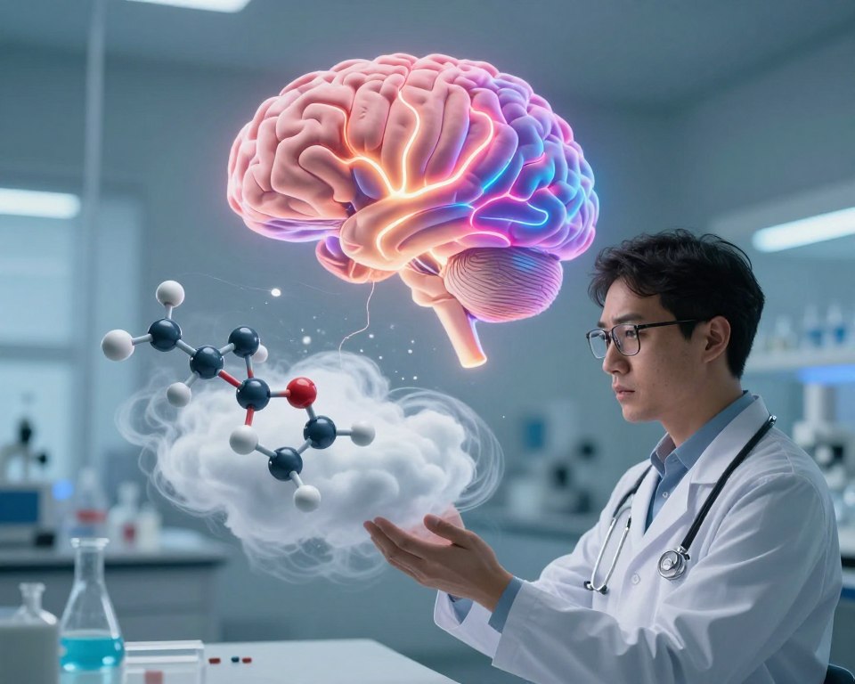 A surreal illustration depicting the neuropsychiatric manifestations of penicillin derivatives, specifically amoxicillin. In the foreground, a clinically dressed physician examines a swirling cloud, representing anxiety, with fragments of molecular structures of penicillin derivatives interspersed. In the middle ground, abstract representations of the human brain, glowing with vibrant colors, show neural pathways lighting up, symbolizing the effects on the central nervous system. In the background, a serene laboratory environment with soft, diffused lighting that casts gentle shadows, creating a calm yet eerie atmosphere. The overall mood evokes curiosity and concern, emphasizing the connection between medication and mental health. The image should be visually cohesive, with no text or watermarks present.