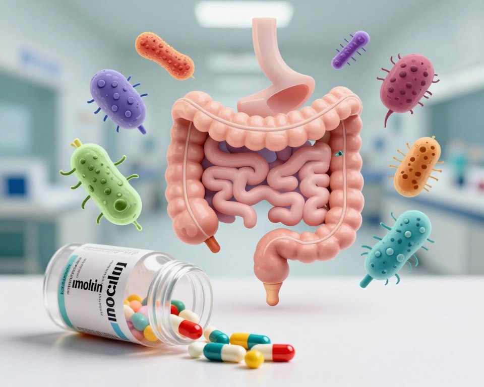 A visually compelling depiction of a bottle of Amoxicillin surrounded by representations of digestive issues. In the foreground, a transparent pill bottle with colorful capsules spills out onto a clean, white surface. In the middle, stylized, abstract representations of the gut microbiome are seen, with illustrations of bacteria, both healthy and unhealthy, emphasizing disruption. The background features a blurred hospital setting with soft, diffused lighting to convey a clinical atmosphere, hinting at medical care. Use a close-up angle to highlight the contrast between the Amoxicillin and the microbiome illustrations. The overall mood is serious and informative, capturing the impact of antibiotics on gut health and the emergence of symptoms such as diarrhea, creating awareness without being graphic. A visually compelling depiction of a bottle of Amoxicillin surrounded by representations of digestive issues. In the foreground, a transparent pill bottle with colorful capsules spills out onto a clean, white surface. In the middle, stylized, abstract representations of the gut microbiome are seen, with illustrations of bacteria, both healthy and unhealthy, emphasizing disruption. The background features a blurred hospital setting with soft, diffused lighting to convey a clinical atmosphere, hinting at medical care. Use a close-up angle to highlight the contrast between the Amoxicillin and the microbiome illustrations. The overall mood is serious and informative, capturing the impact of antibiotics on gut health and the emergence of symptoms such as diarrhea, creating awareness without being graphic.