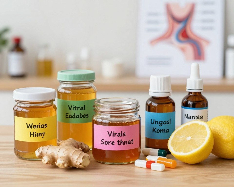 A visually compelling illustration depicting various treatment options for a viral sore throat. In the foreground, showcase an attractive arrangement of natural remedies like honey, ginger, and lemon, all in glass jars with vibrant labels. Use neutral lighting to emphasize the textures and colors of these ingredients. In the middle ground, feature over-the-counter medications such as throat lozenges and syrups, neatly organized on a wooden table. The background should softly blur, with a faint outline of a medical setting, hinting at research materials and anatomy diagrams of the throat, subtly informative yet not overwhelming. Capture a calm and educational atmosphere, using warm tones to invite a sense of comfort and care. Ensure there are no people present in the image. A visually compelling illustration depicting various treatment options for a viral sore throat. In the foreground, showcase an attractive arrangement of natural remedies like honey, ginger, and lemon, all in glass jars with vibrant labels. Use neutral lighting to emphasize the textures and colors of these ingredients. In the middle ground, feature over-the-counter medications such as throat lozenges and syrups, neatly organized on a wooden table. The background should softly blur, with a faint outline of a medical setting, hinting at research materials and anatomy diagrams of the throat, subtly informative yet not overwhelming. Capture a calm and educational atmosphere, using warm tones to invite a sense of comfort and care. Ensure there are no people present in the image.