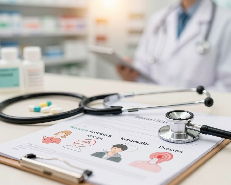 A visually compelling illustration showing the side effects of amoxicillin and common antibiotics, set against a blurred medical background. In the foreground, depict a detailed graphic representation of various side effects like nausea, rash, and dizziness, symbolized with subtle icons or illustrations. In the middle, include images of a stethoscope and prescription pad to emphasize the medical context. The background can feature soft-focus elements of a pharmacy or doctor’s office, bathed in warm, inviting lighting to evoke a caring atmosphere. Use a shallow depth of field with a slight bokeh effect to keep the focus on the side effects while alluding to the surrounding medical environment. Overall, create a sense of calm and professionalism, highlighting the importance of understanding antibiotic side effects. A visually compelling illustration showing the side effects of amoxicillin and common antibiotics, set against a blurred medical background. In the foreground, depict a detailed graphic representation of various side effects like nausea, rash, and dizziness, symbolized with subtle icons or illustrations. In the middle, include images of a stethoscope and prescription pad to emphasize the medical context. The background can feature soft-focus elements of a pharmacy or doctor’s office, bathed in warm, inviting lighting to evoke a caring atmosphere. Use a shallow depth of field with a slight bokeh effect to keep the focus on the side effects while alluding to the surrounding medical environment. Overall, create a sense of calm and professionalism, highlighting the importance of understanding antibiotic side effects.