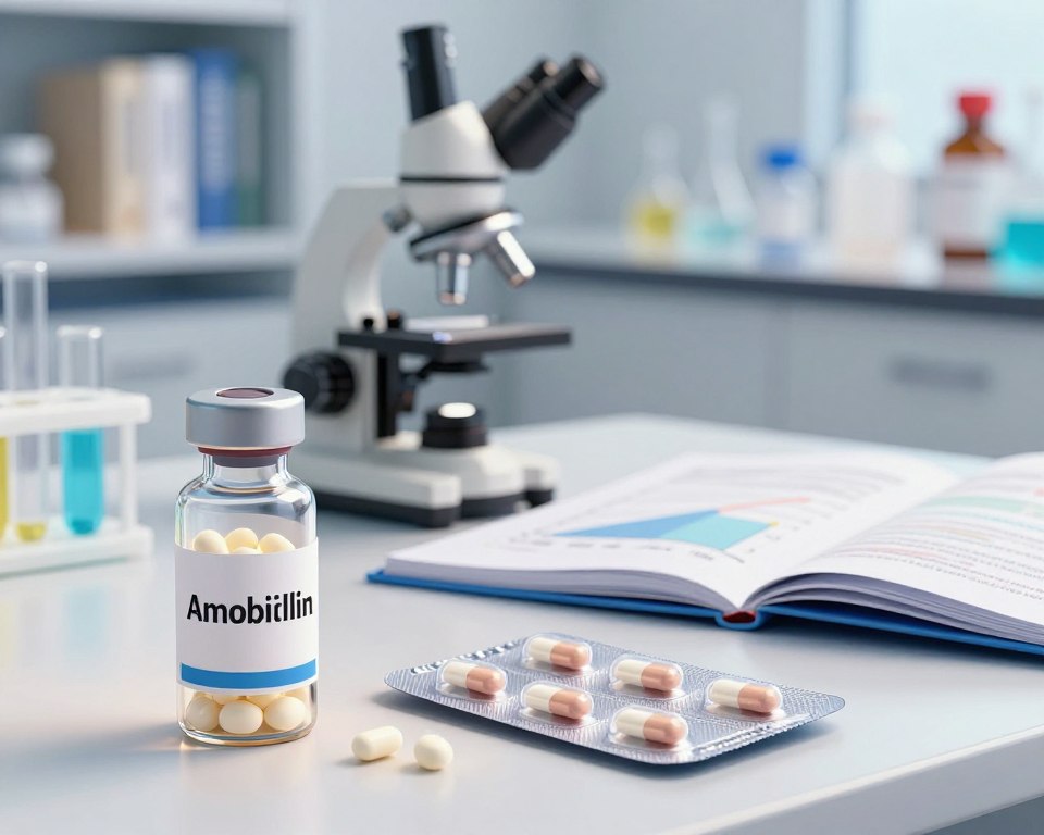 A visually compelling scientific illustration depicting the relationship between antibiotics, specifically amoxicillin, and birth control efficacy. In the foreground, show a laboratory scene with a glass vial of amoxicillin and a pack of birth control pills, illuminated under soft, focused lighting. In the middle ground, include a microscope and open research papers with visible graphs and charts, indicating scientific studies. The background features a blurred shelf of medical textbooks and other pharmaceutical items, creating a sense of academic research. Overall, utilize a clean, modern aesthetic with a bright color palette to convey a professional and informative atmosphere, emphasizing a mood of analytical exploration and discovery.