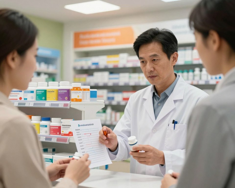 A visually engaging and informative scene depicting a pharmacist in a modern pharmacy setting, attentively consulting a patient about probiotic timing during antibiotic treatment. In the foreground, a focused pharmacist wearing professional business attire is holding a pill bottle labeled "Amoxicillin" while pointing to a chart illustrating the timing of probiotics. The middle ground features a colorful display of probiotic supplements prominently arranged on a shelf. In the background, shelves filled with various medications and health products create a clinical yet welcoming atmosphere, enhanced by warm, soft lighting from overhead fixtures. The scene captures a sense of professionalism and care, emphasizing the importance of expert guidance for proper probiotic use. The angle is slightly elevated, offering a comprehensive view without including any text or distractions.