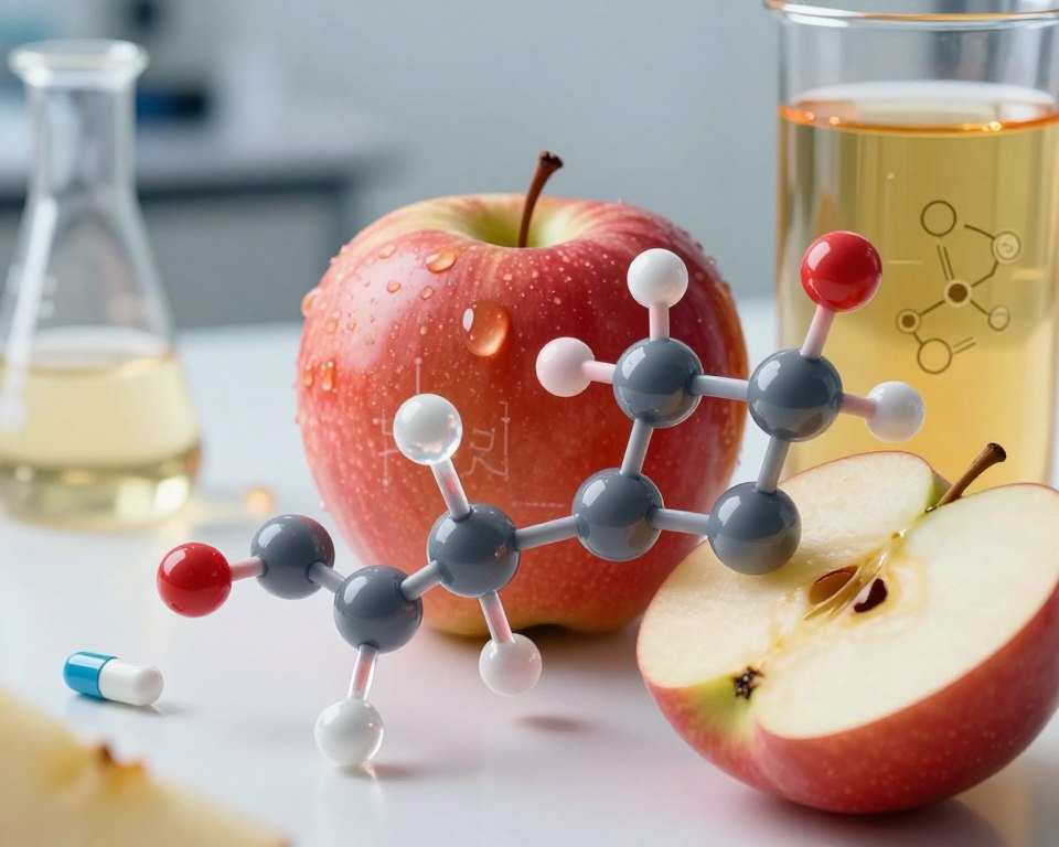 A visually engaging depiction of drug interactions focused on the chemistry of fruit acids, featuring a detailed close-up of a molecular structure representing amoxicillin juxtaposed with apple juice molecules. In the foreground, transparent icons of amoxicillin capsules and apple slices are artistically intertwined, symbolizing their interaction. The middle ground showcases a vibrant apple with droplets of juice falling, illustrating acidity, while scientific diagrams of molecular bonds are faintly superimposed. The background features a laboratory setting with glassware and equipment, softly blurred to emphasize the main subject. The lighting is bright yet soft, casting warm highlights, creating an atmosphere of discovery and clarity. The angle is slightly tilted for a dynamic perspective, ensuring a captivating visual experience. A visually engaging depiction of drug interactions focused on the chemistry of fruit acids, featuring a detailed close-up of a molecular structure representing amoxicillin juxtaposed with apple juice molecules. In the foreground, transparent icons of amoxicillin capsules and apple slices are artistically intertwined, symbolizing their interaction. The middle ground showcases a vibrant apple with droplets of juice falling, illustrating acidity, while scientific diagrams of molecular bonds are faintly superimposed. The background features a laboratory setting with glassware and equipment, softly blurred to emphasize the main subject. The lighting is bright yet soft, casting warm highlights, creating an atmosphere of discovery and clarity. The angle is slightly tilted for a dynamic perspective, ensuring a captivating visual experience.
