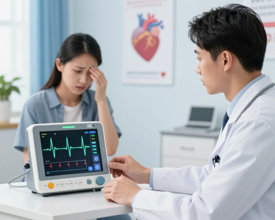 A visually engaging illustration of a healthcare professional in a modern clinic setting, showing patient symptoms related to heart rate fluctuations. In the foreground, the doctor, wearing professional business attire, examines a digital heart rate monitor displaying erratic spikes and dips. The middle ground features a patient, appearing anxious yet attentive, looking at the monitor, with subtle signs of distress shown on their face. The background includes a calming blue and white clinical environment, with heart health posters and a plant for a touch of warmth. Soft, natural lighting enhances the atmosphere, emphasizing the seriousness yet hopefulness of understanding heart rate variability. The overall mood should convey concern and attentiveness, inviting viewers to focus on the importance of recognizing symptoms. A visually engaging illustration of a healthcare professional in a modern clinic setting, showing patient symptoms related to heart rate fluctuations. In the foreground, the doctor, wearing professional business attire, examines a digital heart rate monitor displaying erratic spikes and dips. The middle ground features a patient, appearing anxious yet attentive, looking at the monitor, with subtle signs of distress shown on their face. The background includes a calming blue and white clinical environment, with heart health posters and a plant for a touch of warmth. Soft, natural lighting enhances the atmosphere, emphasizing the seriousness yet hopefulness of understanding heart rate variability. The overall mood should convey concern and attentiveness, inviting viewers to focus on the importance of recognizing symptoms.