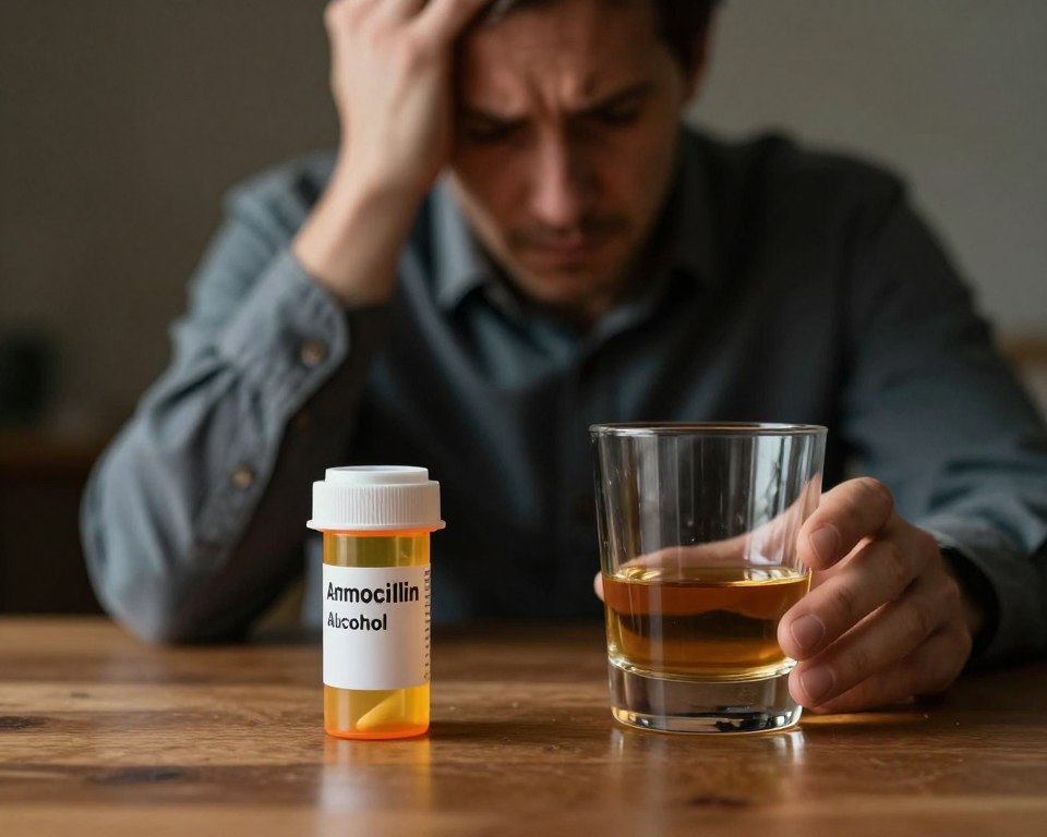 A visually impactful scene illustrating the risks of mixing amoxicillin and alcohol. Foreground: a clear prescription bottle of amoxicillin beside a half-empty glass of alcohol, casting subtle reflections on a wooden table. Middle ground: a concerned individual in casual business attire, holding their head with one hand, depicting the discomfort of side effects. Background: a dimly lit environment with shadows, suggesting unease; a soft, warm glow to highlight the medication, contrasting with the darker tones of the glass. Emphasize an atmosphere of caution and tension, with focus on the expressions and objects symbolizing the dangers of this combination. Use a shallow depth of field to bring attention to the foreground elements, creating an intimate yet troubling scene.