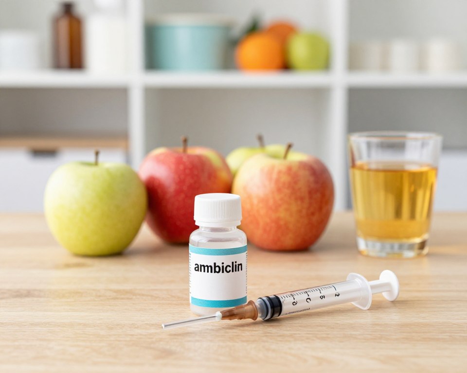 A visually informative and engaging image illustrating amoxicillin dosage best practices. In the foreground, prominently display a clear, well-labeled bottle of amoxicillin with a dosage syringe next to it, both on a clean wooden table. In the middle ground, arrange colorful, fresh apples and a small glass of apple juice, subtly highlighting the interaction of the medication with fruit acid. The background should be softly blurred, featuring a well-organized kitchen shelf with medicinal items and fruits, evoking a safe and practical atmosphere for medication preparation. Use soft, natural lighting to create warmth and clarity, emphasizing instructional professionalism. Capture the scene from a slightly elevated angle to provide depth and context, encouraging a sense of trust and reliability in medication management. A visually informative and engaging image illustrating amoxicillin dosage best practices. In the foreground, prominently display a clear, well-labeled bottle of amoxicillin with a dosage syringe next to it, both on a clean wooden table. In the middle ground, arrange colorful, fresh apples and a small glass of apple juice, subtly highlighting the interaction of the medication with fruit acid. The background should be softly blurred, featuring a well-organized kitchen shelf with medicinal items and fruits, evoking a safe and practical atmosphere for medication preparation. Use soft, natural lighting to create warmth and clarity, emphasizing instructional professionalism. Capture the scene from a slightly elevated angle to provide depth and context, encouraging a sense of trust and reliability in medication management.
