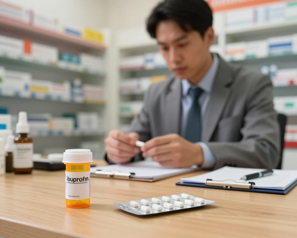 A visually informative scene depicting the precautions for using ibuprofen with amoxicillin. In the foreground, a prescription bottle of ibuprofen and a blister pack of amoxicillin are placed on a wooden table, with a notepad and a pen beside them. The middle ground features a medical professional, dressed in smart casual attire, thoughtfully studying the medications with a focused expression. In the background, a softly lit pharmacy setting is visible, with shelves of various medications. The lighting is warm and inviting, suggesting a safe and professional atmosphere. The angle is slightly above eye level, providing a clear view of the medications and the medical professional. The overall mood is serious yet reassuring, aimed at emphasizing the importance of understanding medication precautions.