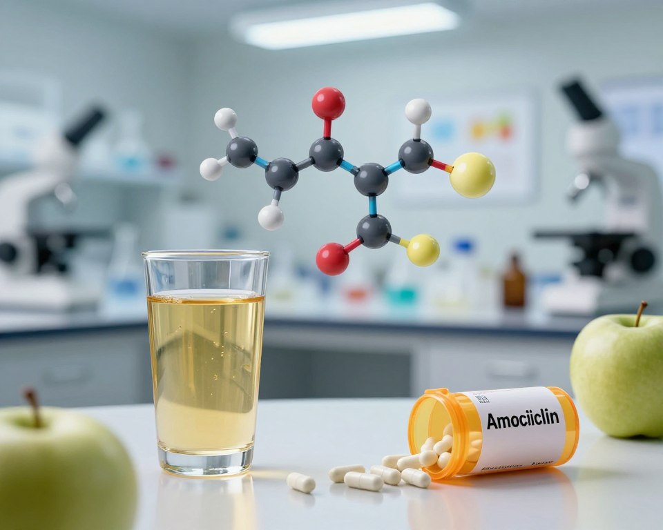 A visually striking composition illustrating the clinical significance of amoxicillin and apple juice interactions. In the foreground, a clear, modern glass of freshly poured apple juice sits beside a prescription bottle labeled "Amoxicillin" with capsules partially spilled out. The middle ground features an abstract representation of molecular structures, symbolizing interaction, with colorful lines connecting the amoxicillin and apple juice elements. The background includes a softly blurred laboratory setting, with scientific equipment and charts subtly illuminated by soft, purposeful lighting, invoking a sense of professionalism and focus. The atmosphere should be informative yet approachable, with a color palette of greens and yellows, emphasizing health and nutrition. The angle should be slightly tilted to create depth, enhancing the visual interest while maintaining clarity. A visually striking composition illustrating the clinical significance of amoxicillin and apple juice interactions. In the foreground, a clear, modern glass of freshly poured apple juice sits beside a prescription bottle labeled "Amoxicillin" with capsules partially spilled out. The middle ground features an abstract representation of molecular structures, symbolizing interaction, with colorful lines connecting the amoxicillin and apple juice elements. The background includes a softly blurred laboratory setting, with scientific equipment and charts subtly illuminated by soft, purposeful lighting, invoking a sense of professionalism and focus. The atmosphere should be informative yet approachable, with a color palette of greens and yellows, emphasizing health and nutrition. The angle should be slightly tilted to create depth, enhancing the visual interest while maintaining clarity.