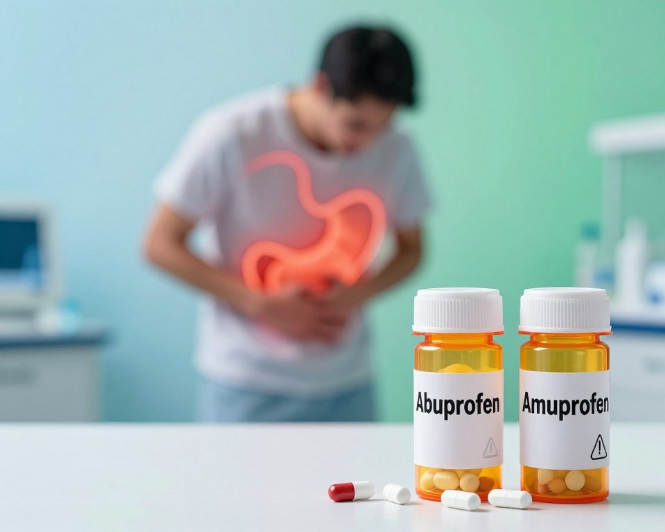 A visually striking illustration depicting the potential side effects of mixing ibuprofen and amoxicillin. In the foreground, a detailed, hyper-realistic representation of two prescription bottles labeled "Ibuprofen" and "Amoxicillin," with a subtle warning sign beside them. In the middle ground, an abstract depiction of common side effects such as stomach pain, dizziness, and allergic reactions, illustrated as gentle waves or swirls of color. In the background, a soft gradient of blues and greens suggesting a clinical environment. The lighting is bright and clinical, mimicking a medical setting. The atmosphere conveys a sense of caution and seriousness about medication interactions, ideal for an informative medical article. Ensure the image remains professional without any text or branding.