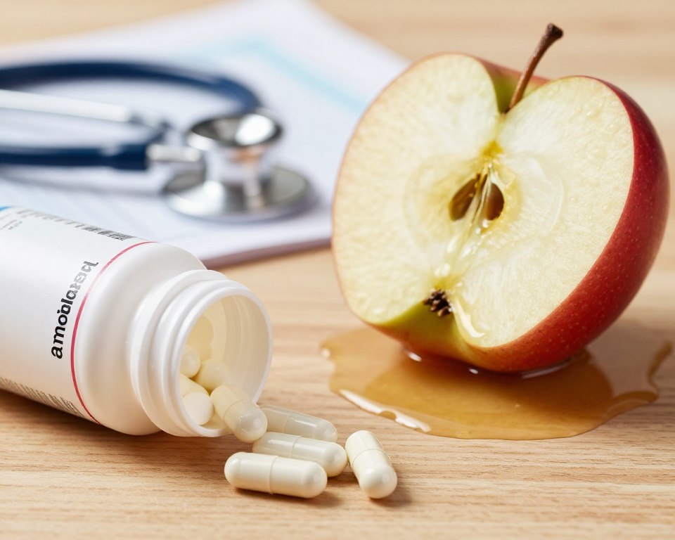 A visually striking illustration depicting the side effects of improper antibiotic administration, focusing on amoxicillin. In the foreground, a detailed close-up of a pill bottle partially open, with capsules spilling out, set on a wooden table. The middle ground features an apple sliced in half, with some juice spilling out, symbolizing the interaction with fruit acids. In the background, softly blurred medical charts and a stethoscope, hinting at a clinical environment. The lighting is bright and clinical, highlighting the vibrant colors of the apple and pills while casting gentle shadows. The overall mood conveys a sense of caution and awareness, urging viewers to understand the importance of proper antibiotic use. The composition is balanced and professional, focusing on the educational theme. A visually striking illustration depicting the side effects of improper antibiotic administration, focusing on amoxicillin. In the foreground, a detailed close-up of a pill bottle partially open, with capsules spilling out, set on a wooden table. The middle ground features an apple sliced in half, with some juice spilling out, symbolizing the interaction with fruit acids. In the background, softly blurred medical charts and a stethoscope, hinting at a clinical environment. The lighting is bright and clinical, highlighting the vibrant colors of the apple and pills while casting gentle shadows. The overall mood conveys a sense of caution and awareness, urging viewers to understand the importance of proper antibiotic use. The composition is balanced and professional, focusing on the educational theme.