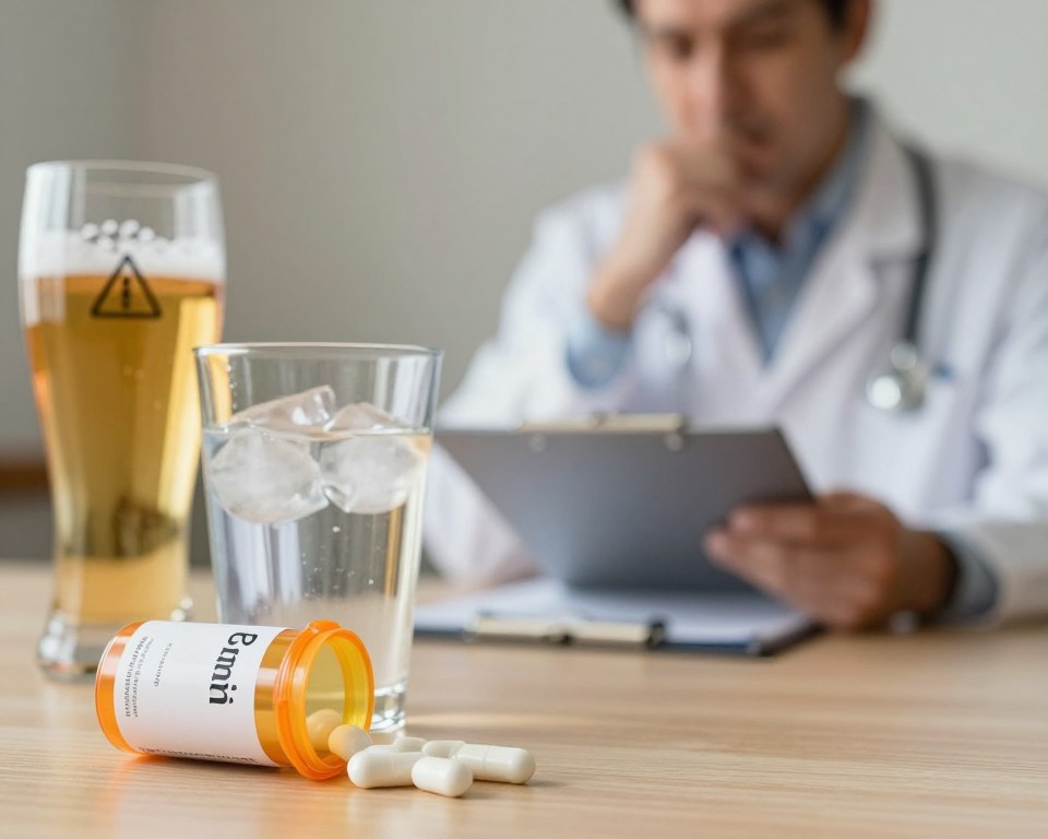 A visually striking illustration focused on amoxicillin and alcohol warnings. In the foreground, a clear prescription bottle of amoxicillin, with a few capsules spilling out next to it. In the middle ground, a glass of clear water with ice cubes, symbolizing hydration, alongside a beer glass with a warning symbol depicted subtly on the surface. In the background, a soft-focus image of a healthcare professional in a lab coat, looking thoughtfully at a clipboard, symbolizing the need for consultation. The scene is bathed in warm, inviting lighting to evoke a sense of caution and awareness. The overall atmosphere conveys a serious yet calm warning about the potential dangers of mixing amoxicillin and alcohol, emphasizing clarity and professionalism.