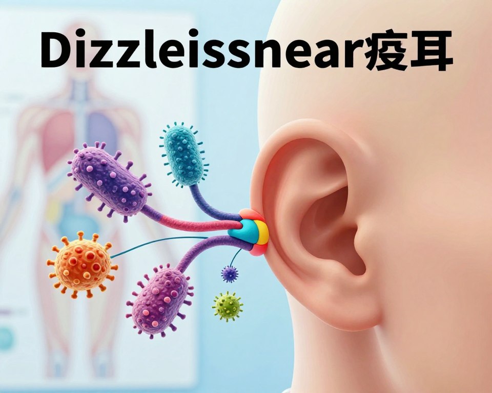 A visually striking medical illustration showing the connection between dizziness and inner ear health in the context of infection. In the foreground, depict a stylized human inner ear, highlighting the cochlea and vestibular system with colorful labels indicating key areas such as the semicircular canals. In the middle ground, include an abstract representation of bacteria or viruses, symbolizing infection, intertwined with the inner ear to emphasize their impact on balance. The background should feature soft, blurred medical imagery, perhaps an anatomical chart, to maintain focus on the main subjects. Use bright, clinical lighting to create a clean and informative atmosphere, aiming for a sharp focus with a slight depth of field effect to enhance the feeling of professional medical research. The overall mood should convey seriousness and urgency, reflecting the importance of understanding these physiological links.