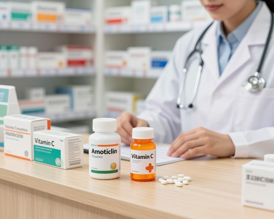 A well-organized display of Amoxicillin and Vitamin C supplements, featuring a clear layout on a clean, wooden pharmacy countertop. In the foreground, a bottle of Amoxicillin capsules is positioned next to a vibrant orange bottle of Vitamin C tablets. Each bottle is labeled with recognizable pharmaceutical graphics. In the middle ground, a pharmacist wearing a white lab coat with a stethoscope is attentively arranging the supplements, showcasing a professional demeanor. The background features neatly stacked boxes of various health products and a light-infused pharmacy shelf, emphasizing a clean and organized environment. Soft, natural lighting creates a warm and inviting atmosphere, ideal for conveying trust and professionalism in renal health recommendations. A well-organized display of Amoxicillin and Vitamin C supplements, featuring a clear layout on a clean, wooden pharmacy countertop. In the foreground, a bottle of Amoxicillin capsules is positioned next to a vibrant orange bottle of Vitamin C tablets. Each bottle is labeled with recognizable pharmaceutical graphics. In the middle ground, a pharmacist wearing a white lab coat with a stethoscope is attentively arranging the supplements, showcasing a professional demeanor. The background features neatly stacked boxes of various health products and a light-infused pharmacy shelf, emphasizing a clean and organized environment. Soft, natural lighting creates a warm and inviting atmosphere, ideal for conveying trust and professionalism in renal health recommendations.