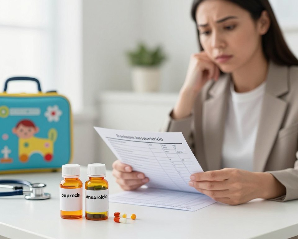 A well-organized pediatric medicine scene illustrating the possible side effects of mixing ibuprofen and amoxicillin. In the foreground, depict two colorful bottles labeled "Ibuprofen" and "Amoxicillin," with a few spilled capsules nearby. In the middle ground, show a concerned caregiver, dressed in smart casual attire, looking thoughtfully at a pediatric dosing chart spread on a table. In the background, create a soft-focused, bright medical setting with equipment like a stethoscope and a toy medical kit, symbolizing healthcare. The lighting should be warm and inviting, evoking a sense of safety and care, while maintaining a clinical atmosphere. Use a shallow depth of field to focus on the caregiver and medication, capturing a mood of cautious consideration for pediatric dosing.