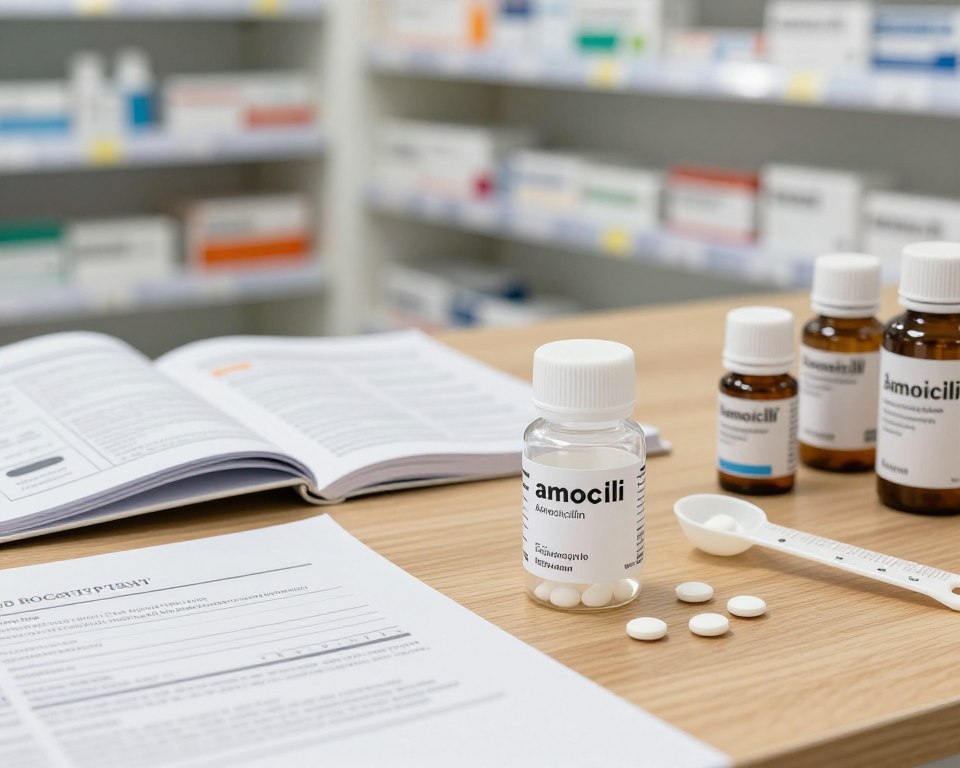 A well-organized pharmacy shelf displaying various amoxicillin dosages in professional blisters and bottles. In the foreground, focus on a clear bottle of amoxicillin with its labeled dosage instructions prominently shown, nestled among paperwork that includes dosage guidelines. The middle ground features a wooden table with an open medicine booklet and measuring spoons beside the medication, symbolizing the importance of accurate dosing. In the background, shelves filled with pharmaceutical items are softly lit, creating a calming, professional atmosphere. Use warm, natural lighting to evoke a sense of trust and safety, shot from a slightly elevated angle to capture all elements clearly, ensuring the image is clean and free of distractions. A well-organized pharmacy shelf displaying various amoxicillin dosages in professional blisters and bottles. In the foreground, focus on a clear bottle of amoxicillin with its labeled dosage instructions prominently shown, nestled among paperwork that includes dosage guidelines. The middle ground features a wooden table with an open medicine booklet and measuring spoons beside the medication, symbolizing the importance of accurate dosing. In the background, shelves filled with pharmaceutical items are softly lit, creating a calming, professional atmosphere. Use warm, natural lighting to evoke a sense of trust and safety, shot from a slightly elevated angle to capture all elements clearly, ensuring the image is clean and free of distractions.