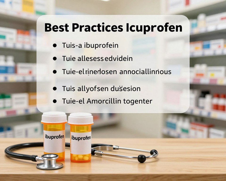 A well-organized, visually appealing infographic illustrating best practices for using ibuprofen and amoxicillin together. In the foreground, a pair of prescription medication bottles—one for ibuprofen and one for amoxicillin—are placed on a clean, wooden surface with a stethoscope subtly coiled beside them. In the middle ground, a checklist detailing dosage guidelines, timing, and important warnings is prominently displayed, with bullet points arranged neatly. The background features a softly lit pharmacy setting with shelves stocked with various medications, creating a clinical and informative atmosphere. The lighting is warm and inviting, emphasizing professionalism and safety. The composition should be clear and easy to interpret, conveying trust and informative guidance without any text overlays or distractions.