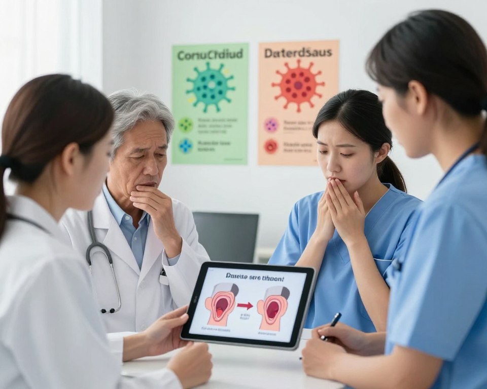 An educational scene illustrating the differences between viral and bacterial sore throats. In the foreground, a diverse group of healthcare professionals in professional attire, including a doctor and a nurse, are discussing symptoms while examining throat diagrams on a digital tablet. The middle ground features colorful infographics, one side showing viral symptoms (like mild fever and cough) and the other side depicting bacterial symptoms (such as high fever and swollen lymph nodes). The background is a clean, modern medical office setup with soft, natural lighting to create a professional and informative atmosphere. Use a slight depth of field to focus on the experts and charts while lightly blurring the background, conveying a sense of clarity and learning. An educational scene illustrating the differences between viral and bacterial sore throats. In the foreground, a diverse group of healthcare professionals in professional attire, including a doctor and a nurse, are discussing symptoms while examining throat diagrams on a digital tablet. The middle ground features colorful infographics, one side showing viral symptoms (like mild fever and cough) and the other side depicting bacterial symptoms (such as high fever and swollen lymph nodes). The background is a clean, modern medical office setup with soft, natural lighting to create a professional and informative atmosphere. Use a slight depth of field to focus on the experts and charts while lightly blurring the background, conveying a sense of clarity and learning.