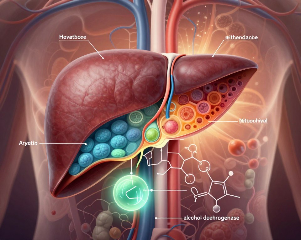An intricate illustration of the physiology of alcohol metabolism in the liver, featuring a cross-sectional view of a human liver highlighted with labels for key components like hepatocytes, mitochondria, and enzymes. In the foreground, detailed diagrams of the chemical processes, such as oxidation and the role of alcohol dehydrogenase, are depicted, glowing in soft blue and green hues to convey biological activity. The middle ground presents a gradient of liver tissue textures, transitioning from healthy to damaged cells, subtly illustrating the effects of excessive alcohol consumption. The background features a subtle representation of blood vessels and capillaries intertwined with luminous patterns, symbolizing circulation. The lighting is warm and inviting, with a slight vignette effect, creating a focused and educational atmosphere suitable for an academic audience.