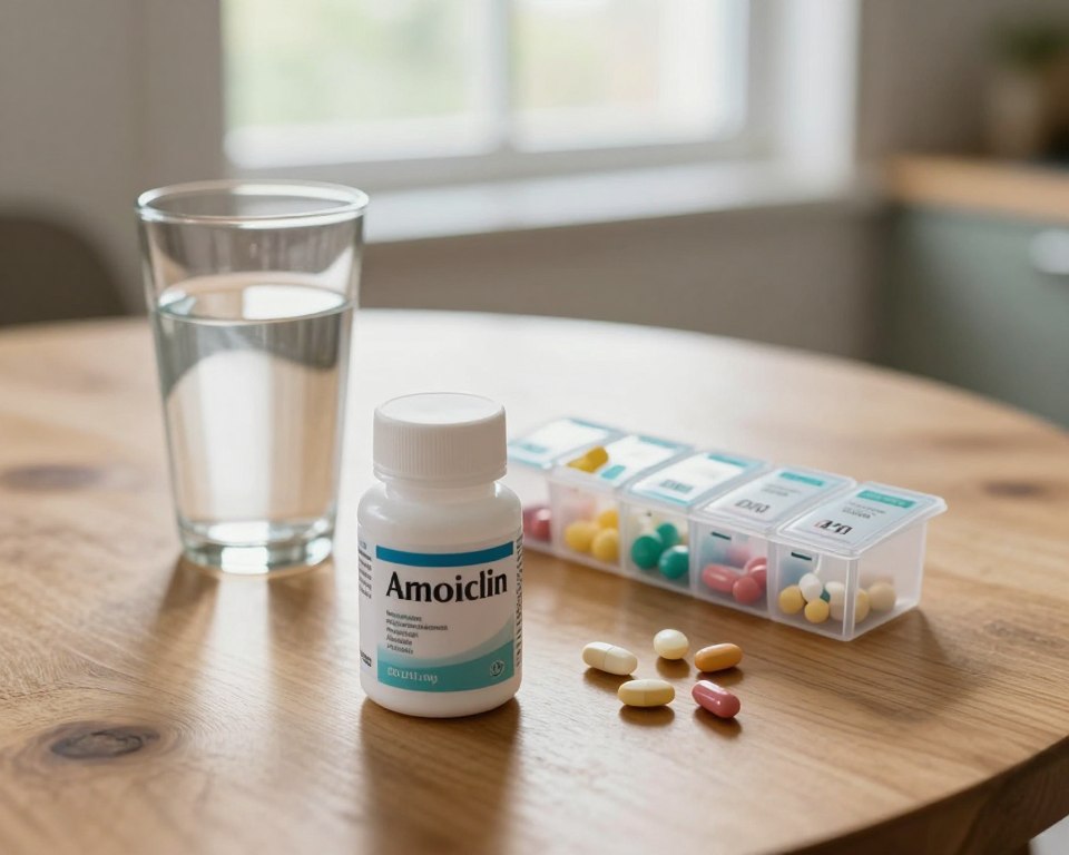 In a softly lit kitchen setting, a glass of water sits on a wooden table beside a pill organizer filled with colorful multivitamins and a bottle of Amoxicillin. The foreground captures the bottle prominently, showcasing its label clearly but without text, reflecting the important role of these supplements. In the middle ground, the multivitamins are displayed in various shapes and colors, highlighting their diversity. The background features a serene window with natural light streaming in, adding warmth to the scene. The atmosphere conveys a sense of health and well-being, emphasizing a structured approach to timing with these supplements. The image is taken from a slight overhead angle to create depth while ensuring all elements are clearly visible and engaging. In a softly lit kitchen setting, a glass of water sits on a wooden table beside a pill organizer filled with colorful multivitamins and a bottle of Amoxicillin. The foreground captures the bottle prominently, showcasing its label clearly but without text, reflecting the important role of these supplements. In the middle ground, the multivitamins are displayed in various shapes and colors, highlighting their diversity. The background features a serene window with natural light streaming in, adding warmth to the scene. The atmosphere conveys a sense of health and well-being, emphasizing a structured approach to timing with these supplements. The image is taken from a slight overhead angle to create depth while ensuring all elements are clearly visible and engaging.