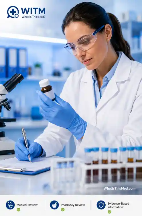 Medical researcher reviewing medication in a laboratory – What Is This Med evidence-based drug information